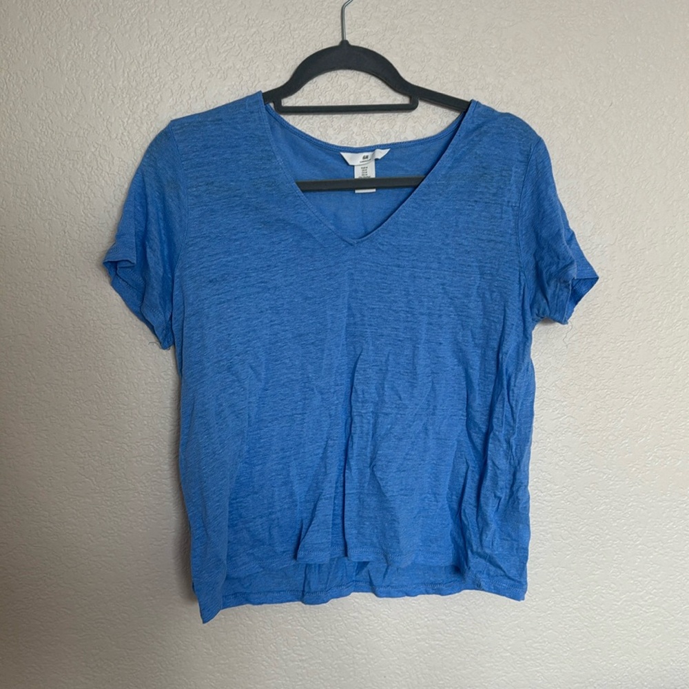 Blue Slub knit V neck crop top
